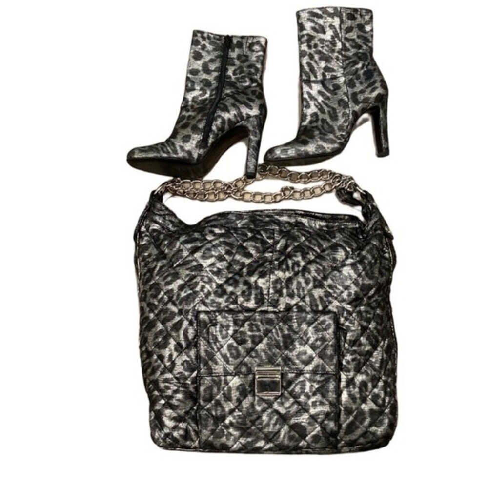Black  and Gray Cheetah Print Boots and Tote Set